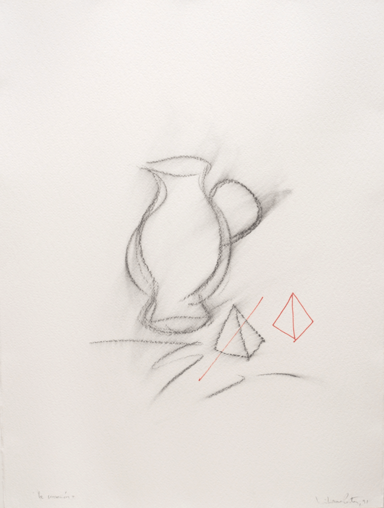 A pencil sketch of a pitcher next to a small pyramid with a red slash through it; a similar, cleaner pyramid has been drawn in red ink.