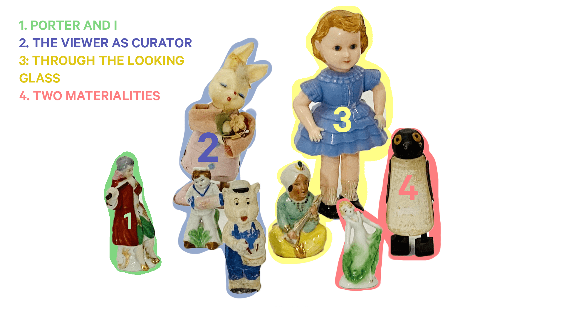 a selection of vintage toys from the artist, Liliana Porter's personal collection